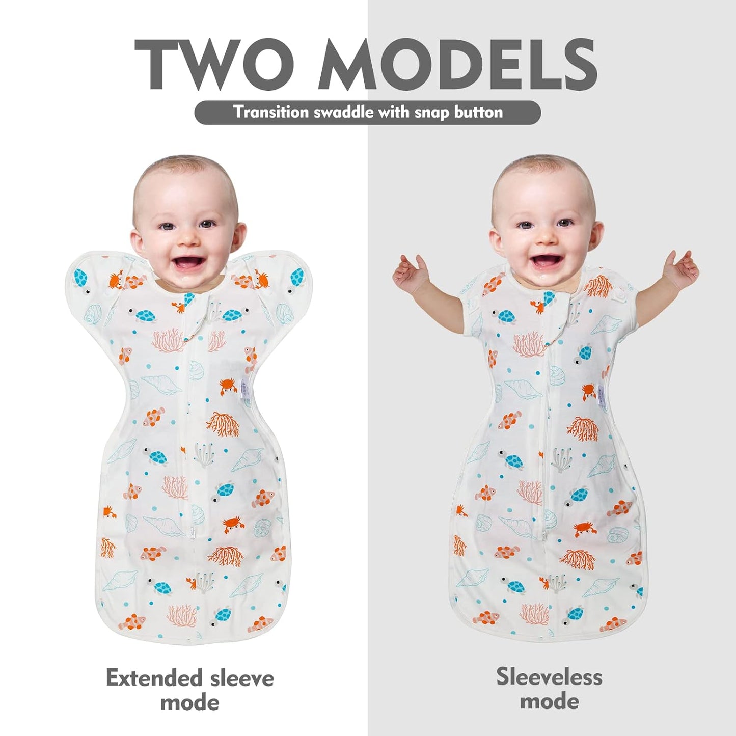 Baby Transitional Swaddle Sleep Sack - Swaddles for Newborns, Cuff Removable Arms Up Design, Free Wearable Blankets with 2-Way Zipper, Underwater World (3-6 Month)
