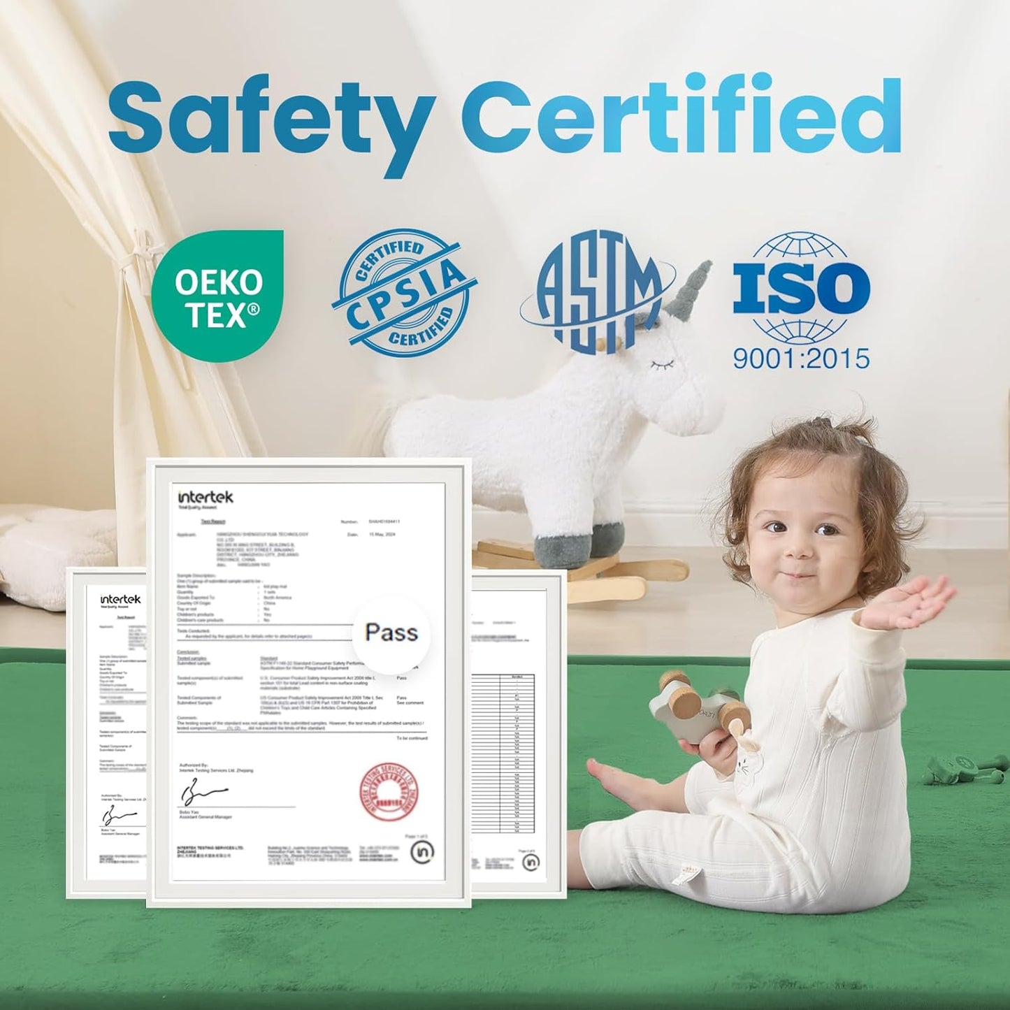 1.3" Thick Baby Play Mat,Ultra Soft Elasti-Foam 50×50 Playpen Mat for Tummy Time,Water-Repellent Coral Fleece Nursery Rug for Infants,Toddlers,Kids,Non-Slip Safe for Crawling(Emerald)