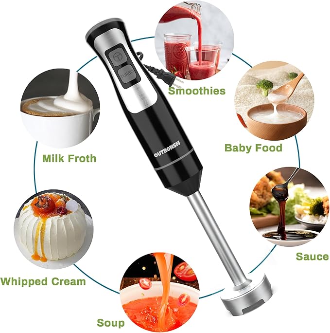 Immersion Blender Handheld, OUTRONSM Hand Blender with 4-point thickened SS blades, Milk Frother, Egg Whisk for Coffee Milk Foam, Puree Baby Food, Smoothies, Sauces and Soups – Black