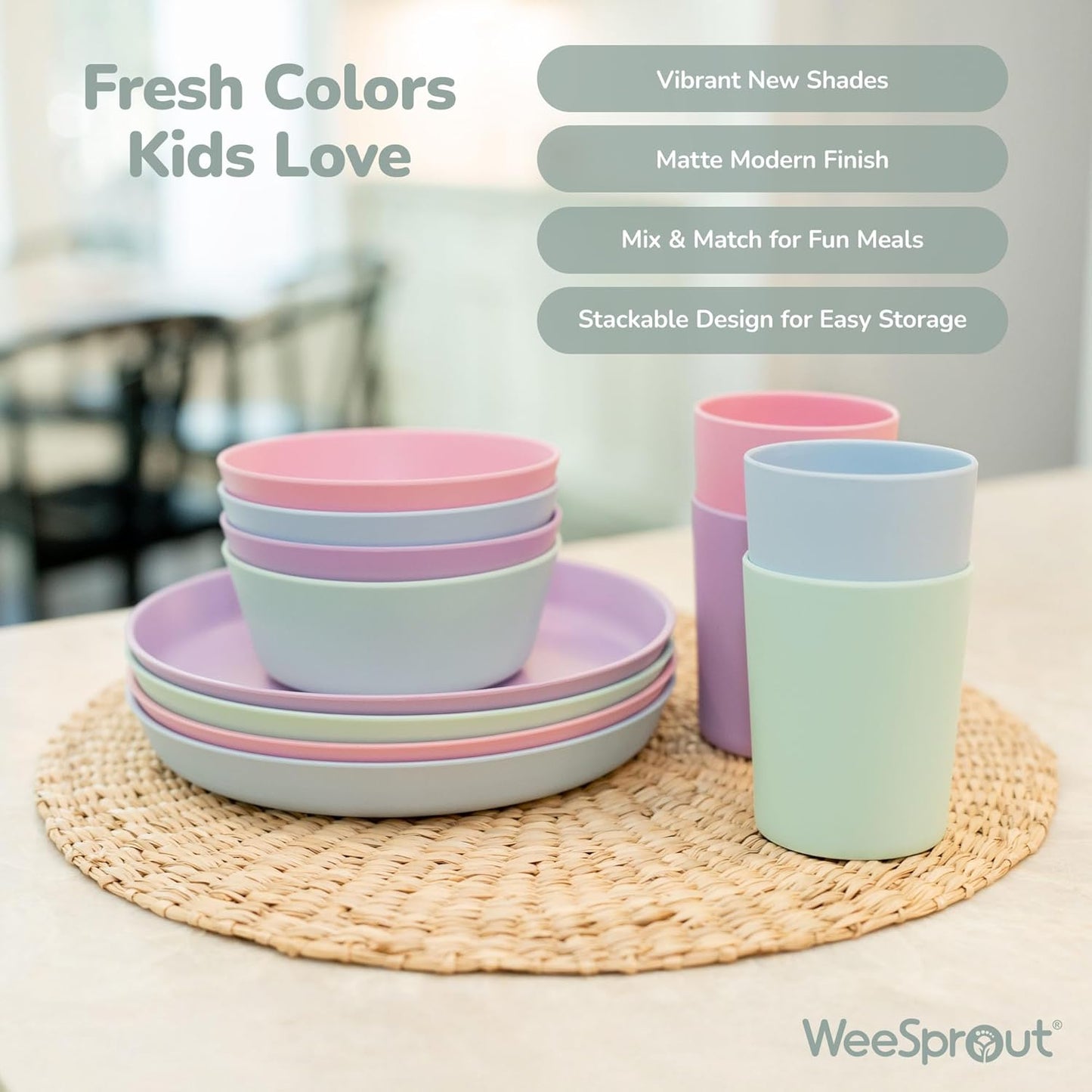 WeeSprout Bamboo Kids Bowls, Set of Four 10 oz Kid-Sized Dinnerware, Cereal, Leftovers & Snack Bowl, Dishwasher Safe (Pink, Green, Gray, & Beige)