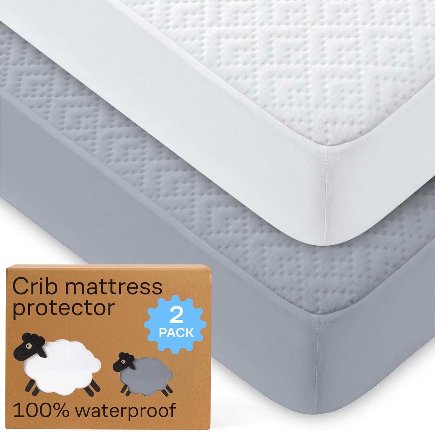 Niagara Crib 2 Pack 100% Waterproof Mattress Protector, Soft Breathable Crib Mattress Protector with Deep Pocket, Mattress Pad for Toddler and Baby (52x28, White, Gray) - Viscose Made from Bamboo