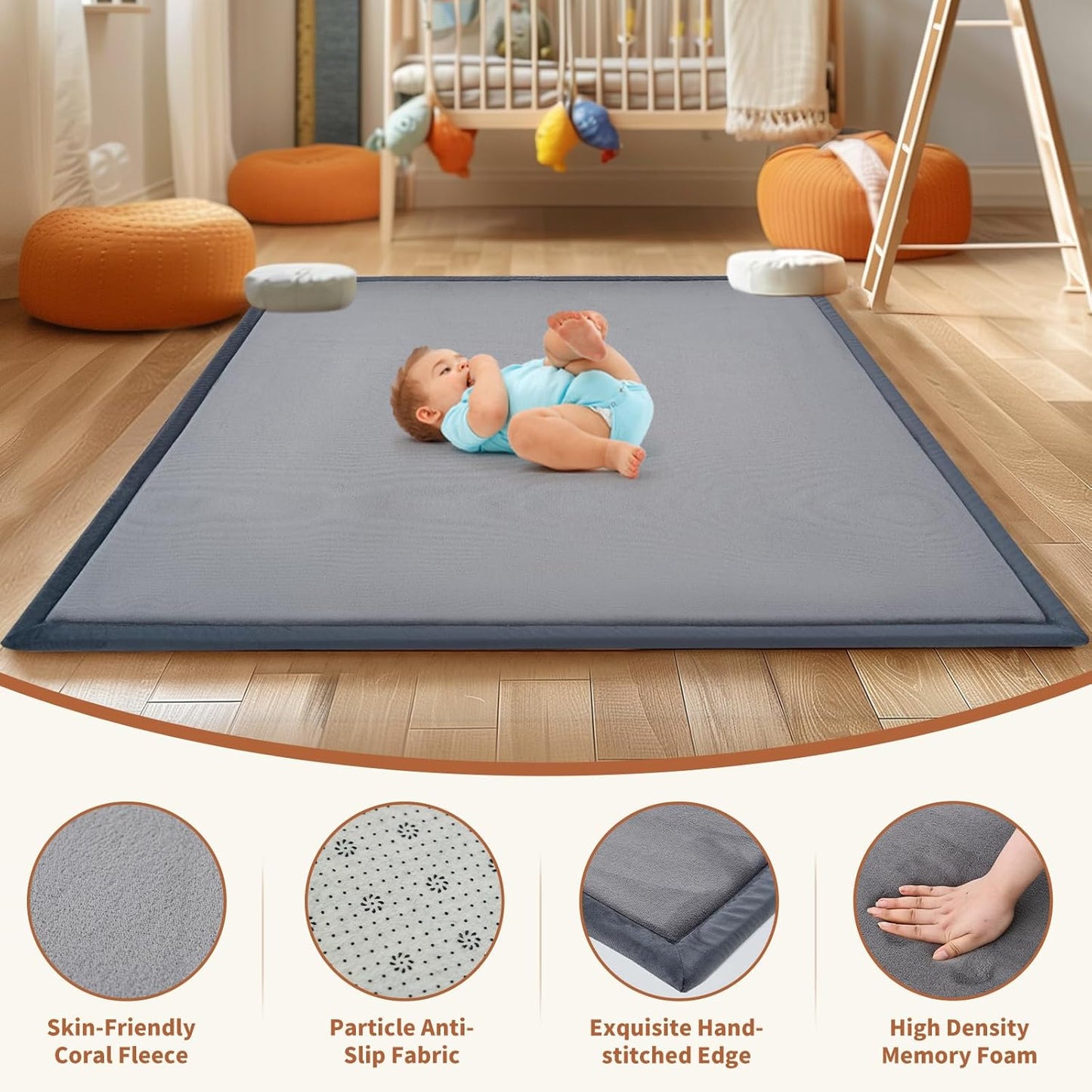 SUNYRISY Baby Play Mat for Floor 50 x 50in, 1.4in Thick Memory Foam Padded Play Mats for Baby, Soft Velvet Infants Toddler Kids Crawling Mat for Nursery, Non-Slip Bottom