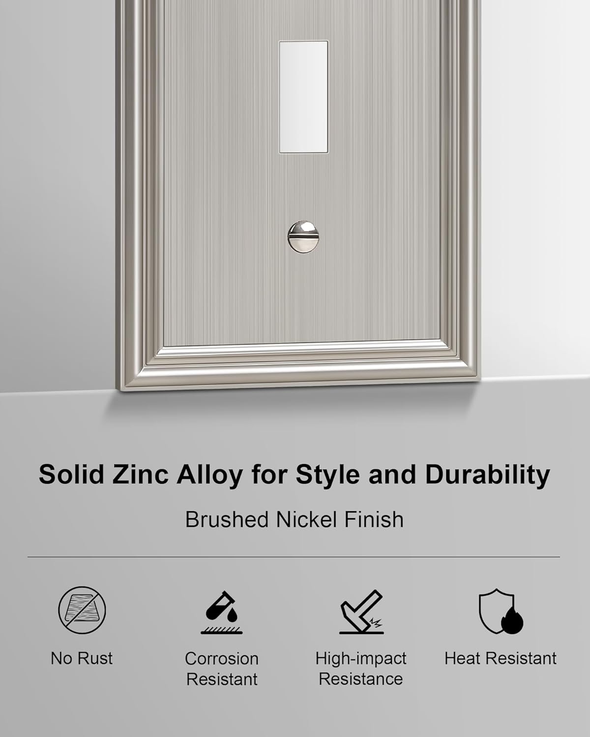 6-Pack Single Toggle Light Switch Cover Plate, Durable Solid Zinc Alloy Decorative Switch Plate Covers, Brushed Nickel 1 Gang Wall Plate, Corrosion Resistant