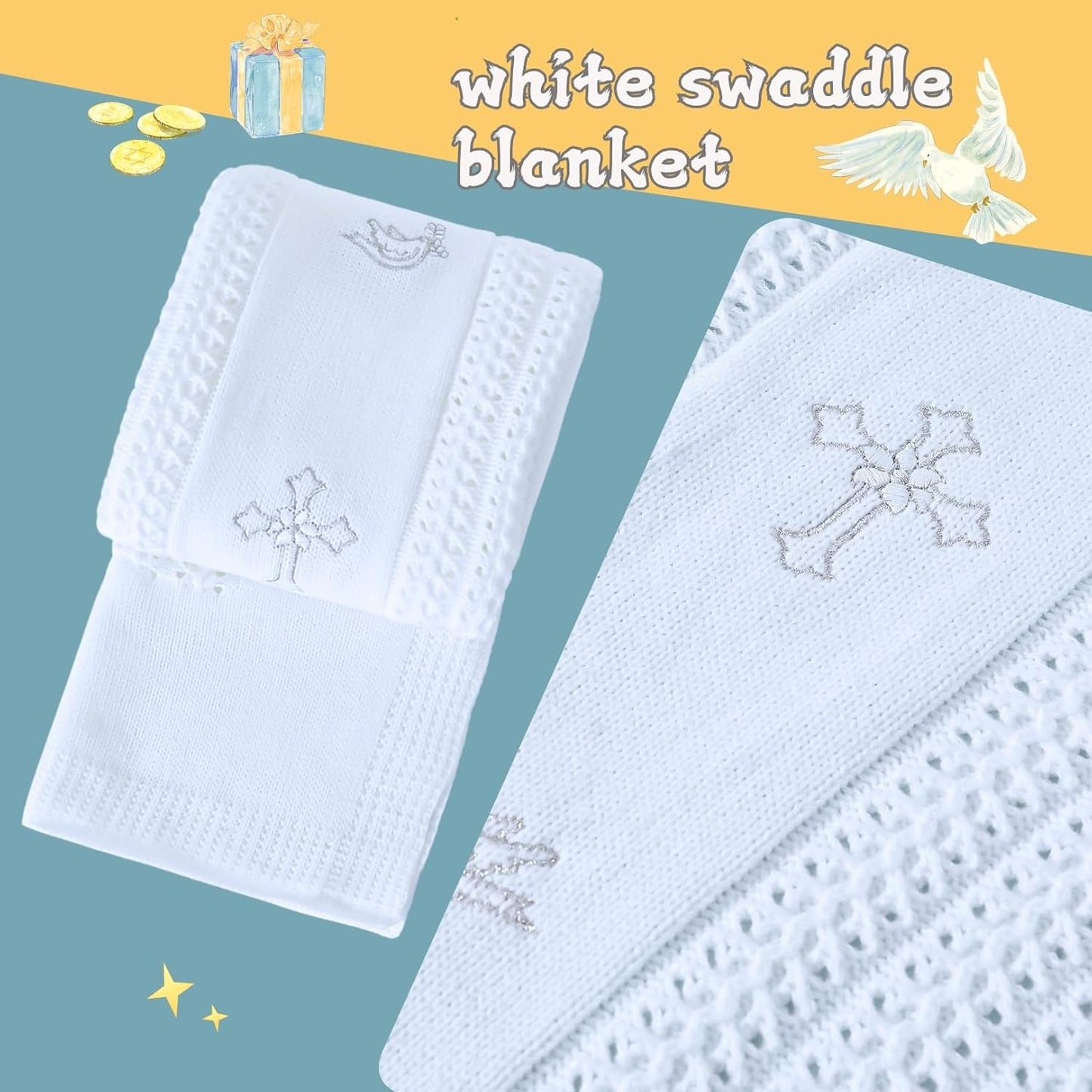 Booulfi Baby Blankets for Boys Girls Baby Receiving Blankets Silver Cross Dove of Peace Embroidery White Knitted Blanket Soft Crib Blanket Newborn Essentials Baptism Christening Gifts Size 39X34