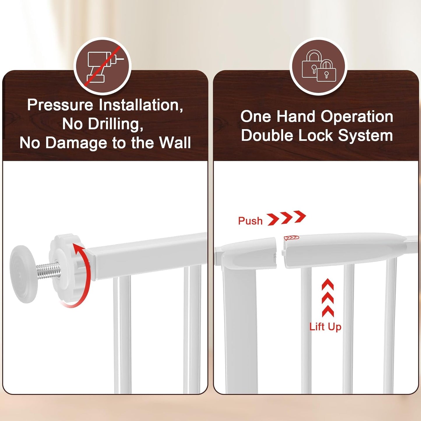 DEARBB Extra Wide Baby Gate Ultra Narrow Spacing 30.11-77.36" Pressure Mounted Double Lock Swing Auto Close Walk Through Metal Safety Pet Gate for Stairs and House Doorway Kitchen