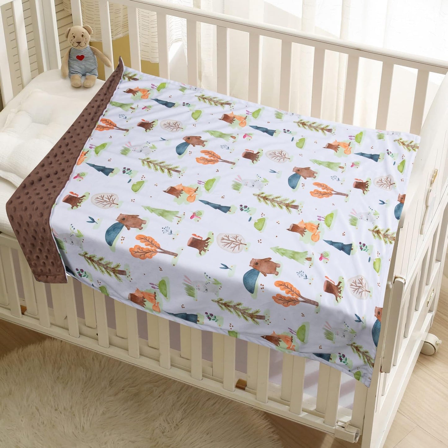 Baby Blanket for Boys Girls Soft Minky with Double Layer Dotted Backing, Primary Forest Printed 30 x 40 Inch Receiving Blanket (Forest Bear)
