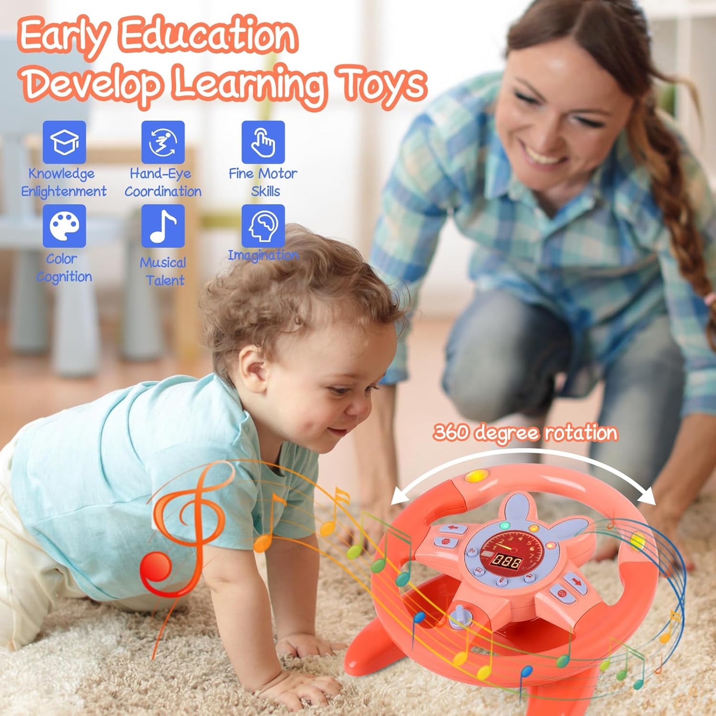 Steering Wheel Toy,Driving Steering Wheel Toy for Kids Backseat,Interactive Educational Learning Sensory Toy with Vibration,Simulated Car Toys with Light Songs for Infant Preschool Kids Toddler Gifts