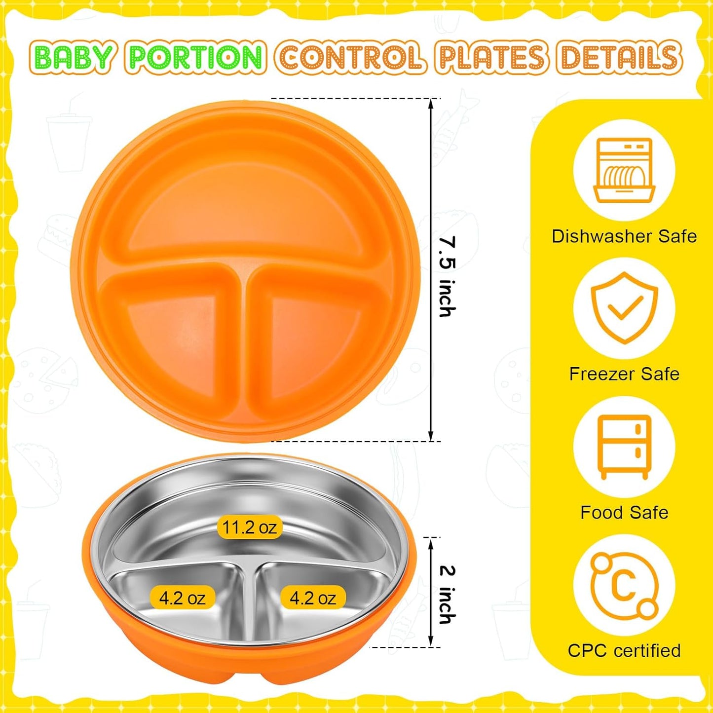 Nuogo 2 Pcs Stainless Steel Baby Suction Plates with Removable Silicone Shell 2-in-1 Metal Toddler Bowl Divided for Picky Eaters Kids Feeding Led Weaning Supplies, Dishwasher Safe (Yellow,Orange)