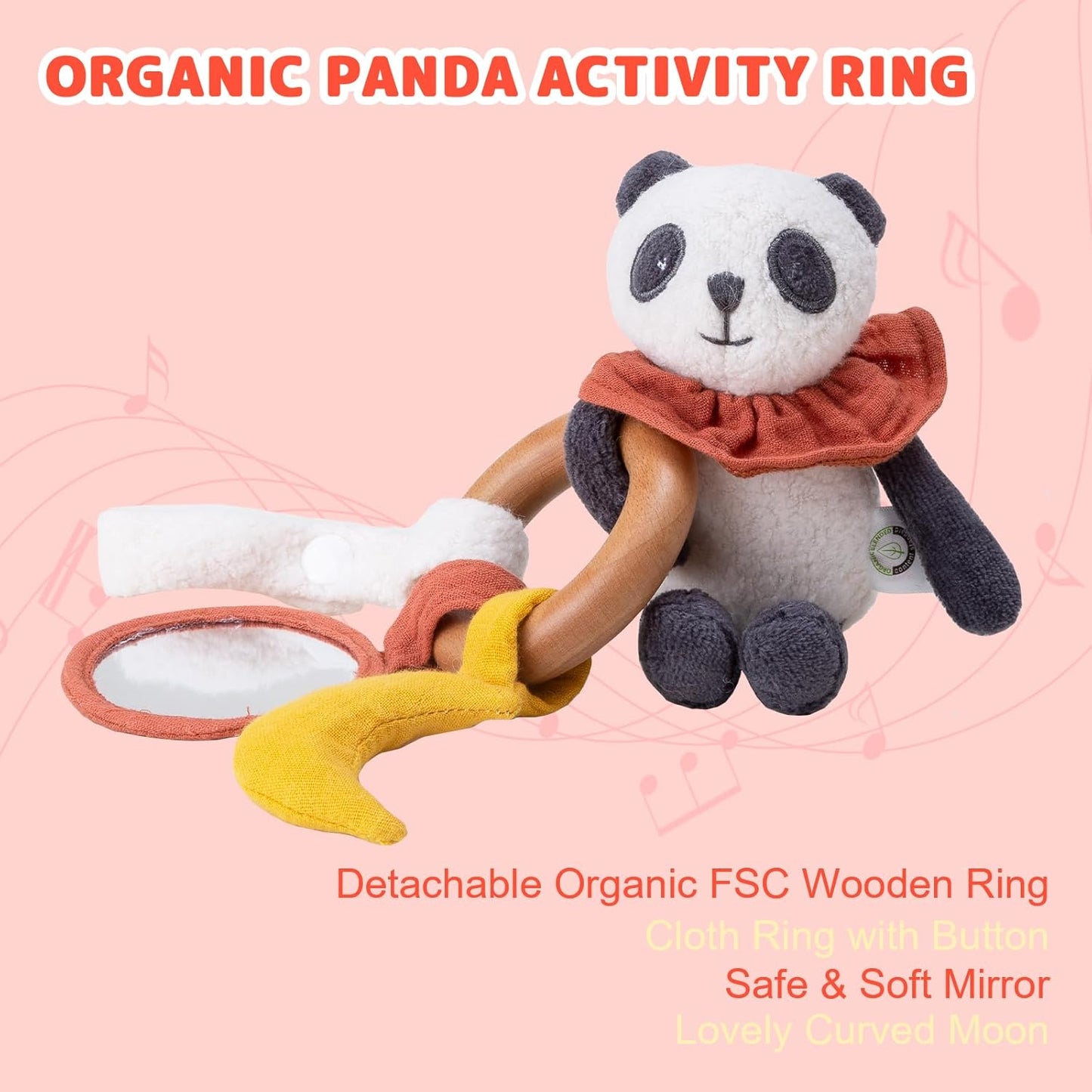 Organic Cotton Stuffed Animal Rattle Baby Toys, Organic Panda Cuddle Cloth & Organic Panda Activity Ring Plush Toy Set for Newborns Infant Boys Girls, 2 PCS