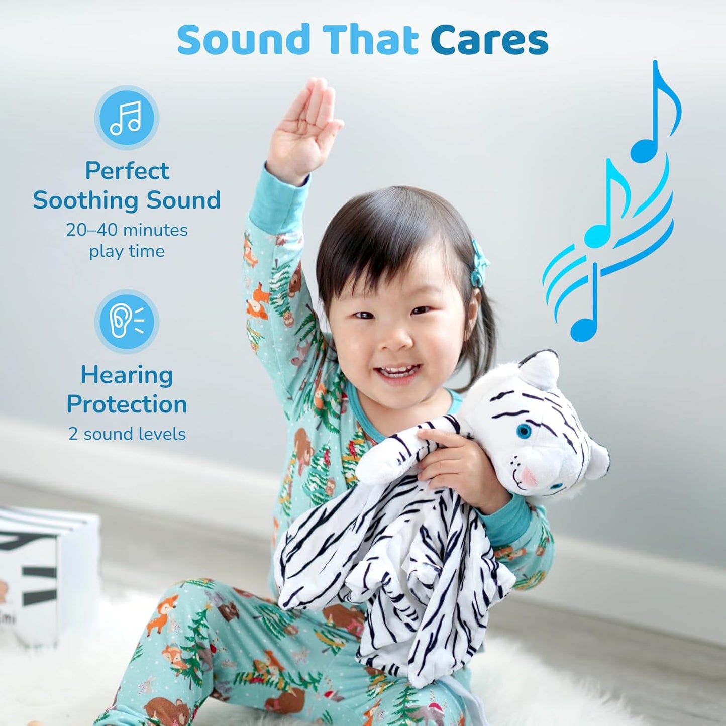 Love By Emi Baby Music Lovey White Tiger, Baby Sleep Soother for Crib & Cuddle Bedtime, White Noise with a Heartbeat & Lullaby, Plush Sound Machine Toy, Stuffed Animal for Newborns, Infants & Toddlers