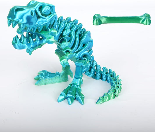 3D Printed Dinosaur Bone Skeleton Tyrannosaurus Rex with Movable Jaw Fidget Dinosaur Toys Full Articulated Dinosaur Executive Desk Toys Home Office Decor, Cyan