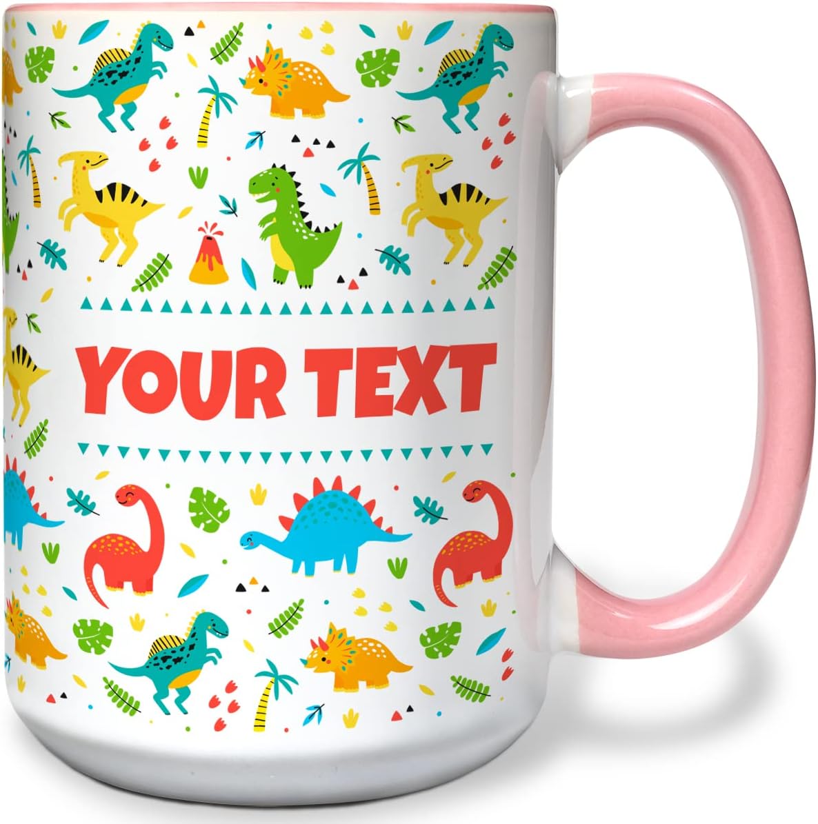 Personalized Mug for Kids - Dinosaurs - Custom Name/Text, Ceramic Hot Chocolate/Cocoa/Coffee Cup for Boys/Girls, Birthday/Christmas/Holiday Gift - 15 oz, Pink Handle