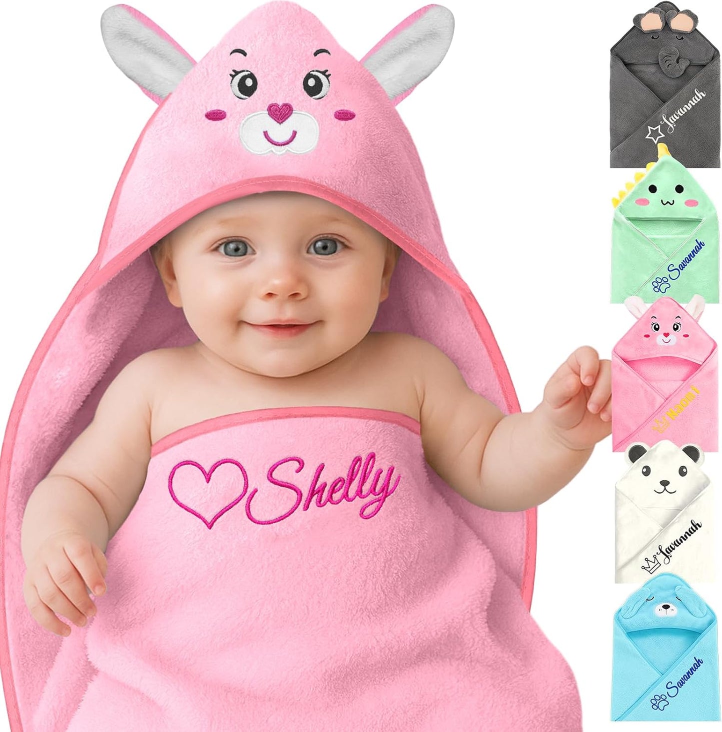 Personalized Baby Towels Hooded with Name, Custom Toddler Bath Towel with Hood for Girl Boy, Warm Swaddle Blanket, Customized Newborn Gifts - Embroidered (Pink Rabbit)