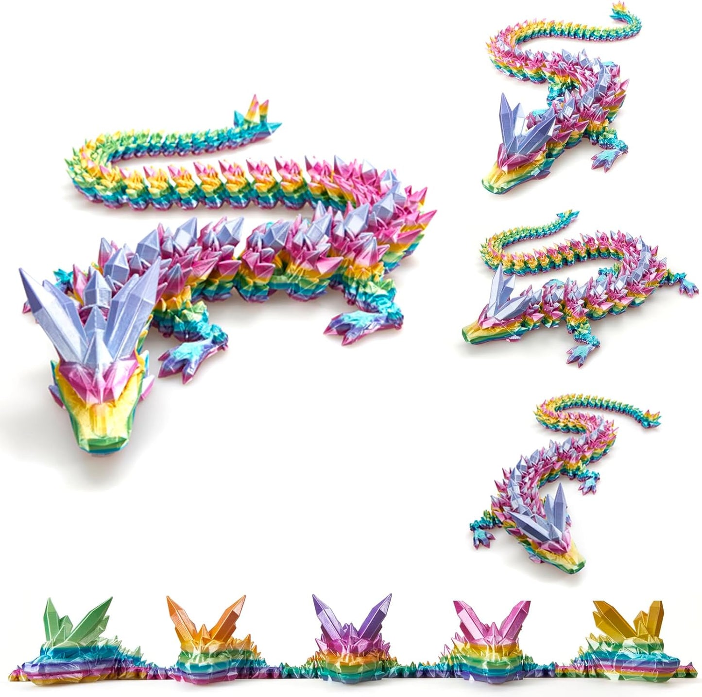 3D Printed Dragon, 3D Dragon ,30 Inch 3D Printed Fidget Dragon, Bigger Fidget Crystal Dragon Toys , 3D Printed Articulated Dragon for Home Office Car Desk Decor Toys (Red Yellow Blue) (Rainbow)
