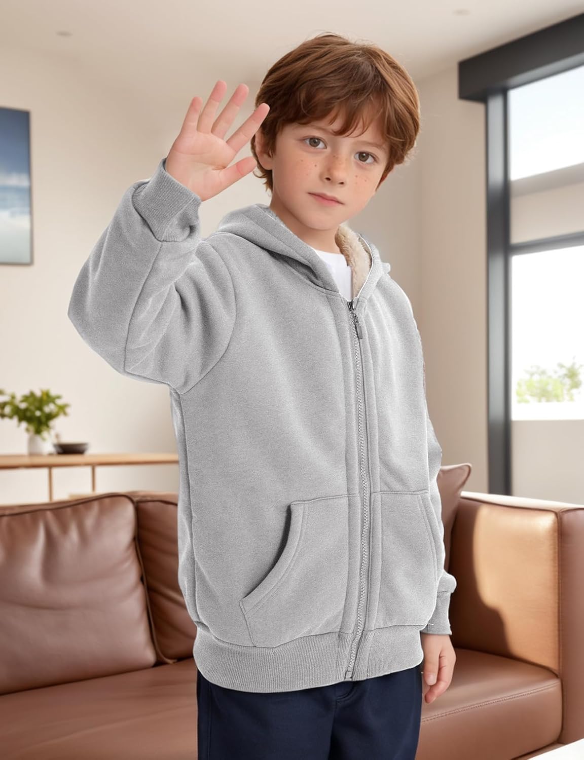 Gihuo Unisex Boy's Girls Winter Warm Sherpa Lined Zip Up Sweatshirt Fleece Jacket Kid's Hoodie Outerwear