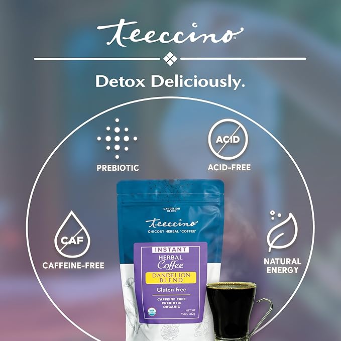 Teeccino Instant Organic Dandelion Blend – 104 servings – Gluten Free Instant Microground Herbal Coffee with Chicory & Dandelion Roots That’s Prebiotic, Caffeine-Free, and Acid-Free – 11 ounces
