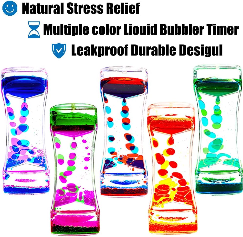 Liquid Motion Bubbler Timer Pack of 5 Colorful Hourglass Liquid Bubbler Sensory Anxiety Toys Autism ADHD Fidget Toys Children Activity Calm Relaxing Desk Toys for Kid's Teenager Adults