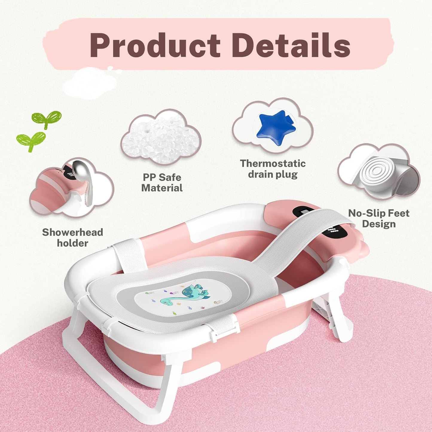 AVIDOR Baby Bathtub,Collapsible Bathtub for Newborn to Toddler,Durable Essential Infant Bath Tub,Portable Travel Baby Tub with Soft Bath Net,No-Slip Feet and Dinosaur Shaped (Pink)