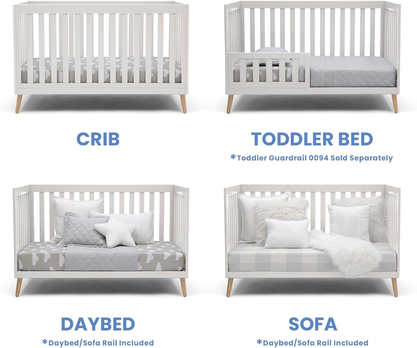 Delta Children Essex 4-in-1 Convertible Baby Crib, Bianca White with Natural Legs