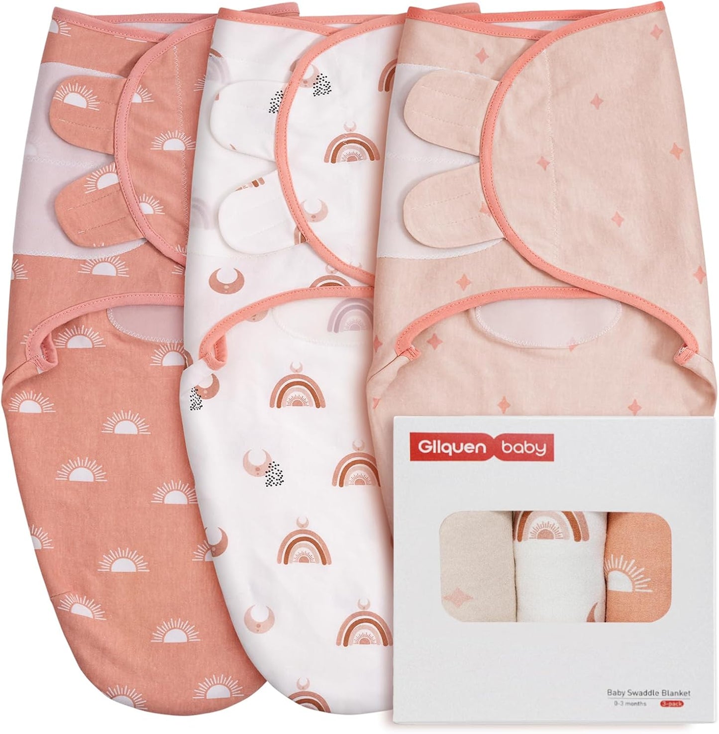 GLLQUEN BABY 3-Pack Organic Baby Swaddle Sleep Sacks for Newborn - Baby Swaddles 0-3 Months, Newborn Swaddling Sack, Rainbow & Sun, Infant Swaddle Blanket Wrap (Small/Medium)