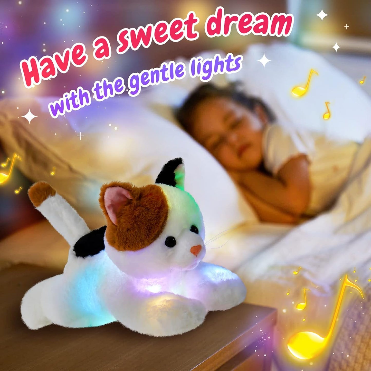 Glow Guards Light up Music Calico Cat Stuffed Animal LED Singing Kitty Soft Plush Toy Pillow with Night Lights Lullaby Birthday Children's Day Gifts for Toddler Kids, 15''