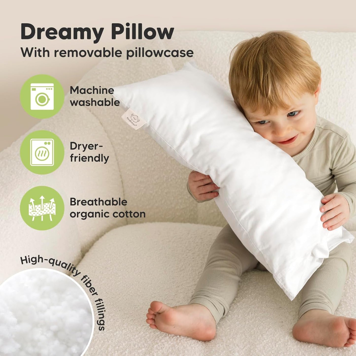 Toddler Pillow with Pillowcase - 10x18 My Little Dreamy Kids Travel Bed Pillows for Sleeping, Organic Cotton Small Pillowcase, Soft & Breathable, Machine Washable, Toddlers 2-5 Years Old (Soft White)