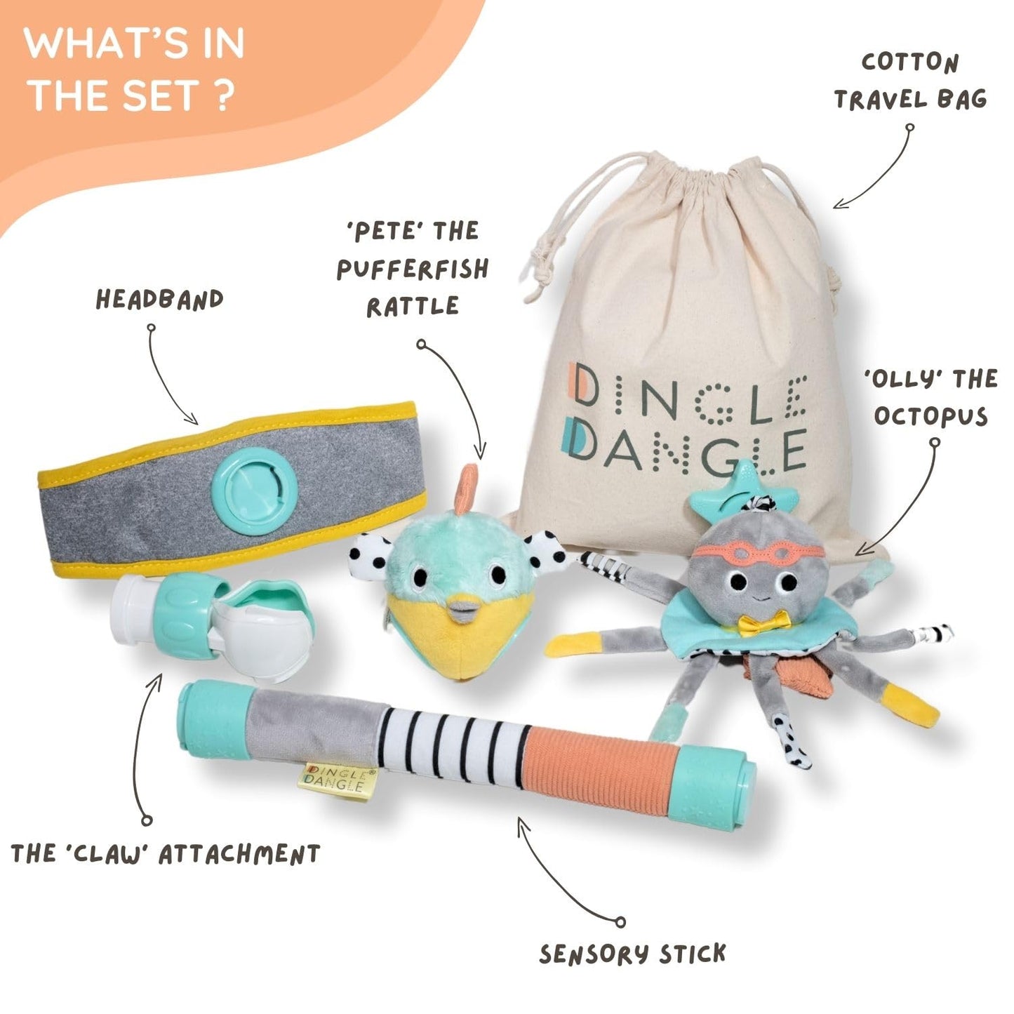 DINGLE DANGLE - Baby Gift Set - 3 in 1 Diaper Changing Helper Headband, Baby Mobile, & Sensory Rattle; Newborn Essentials Must Haves - Great Baby Registry or Shower Gift - Featured on Shark Tank