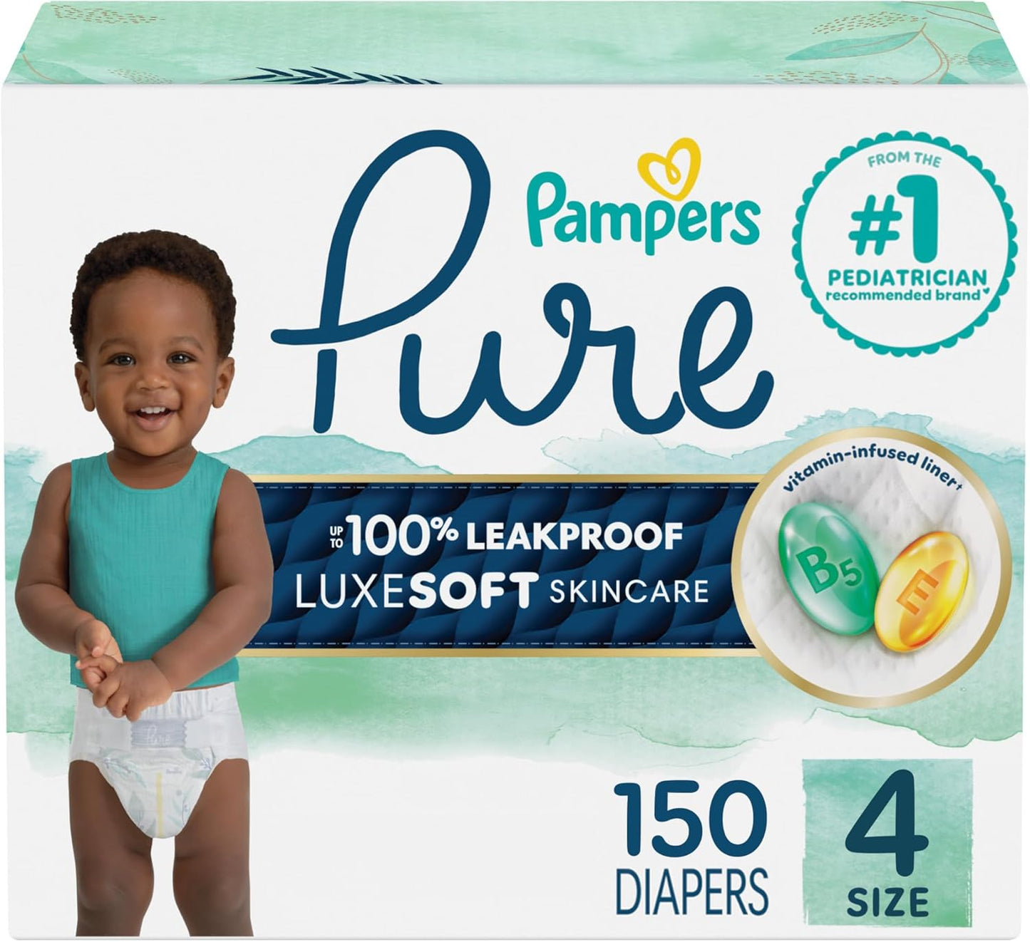Pampers Pure Protection Baby Diapers, Size 4, 150 Count, Up to 100% Leakproof, Premium Plant-based Skin Protection, Hypoallergenic Soft Diapers