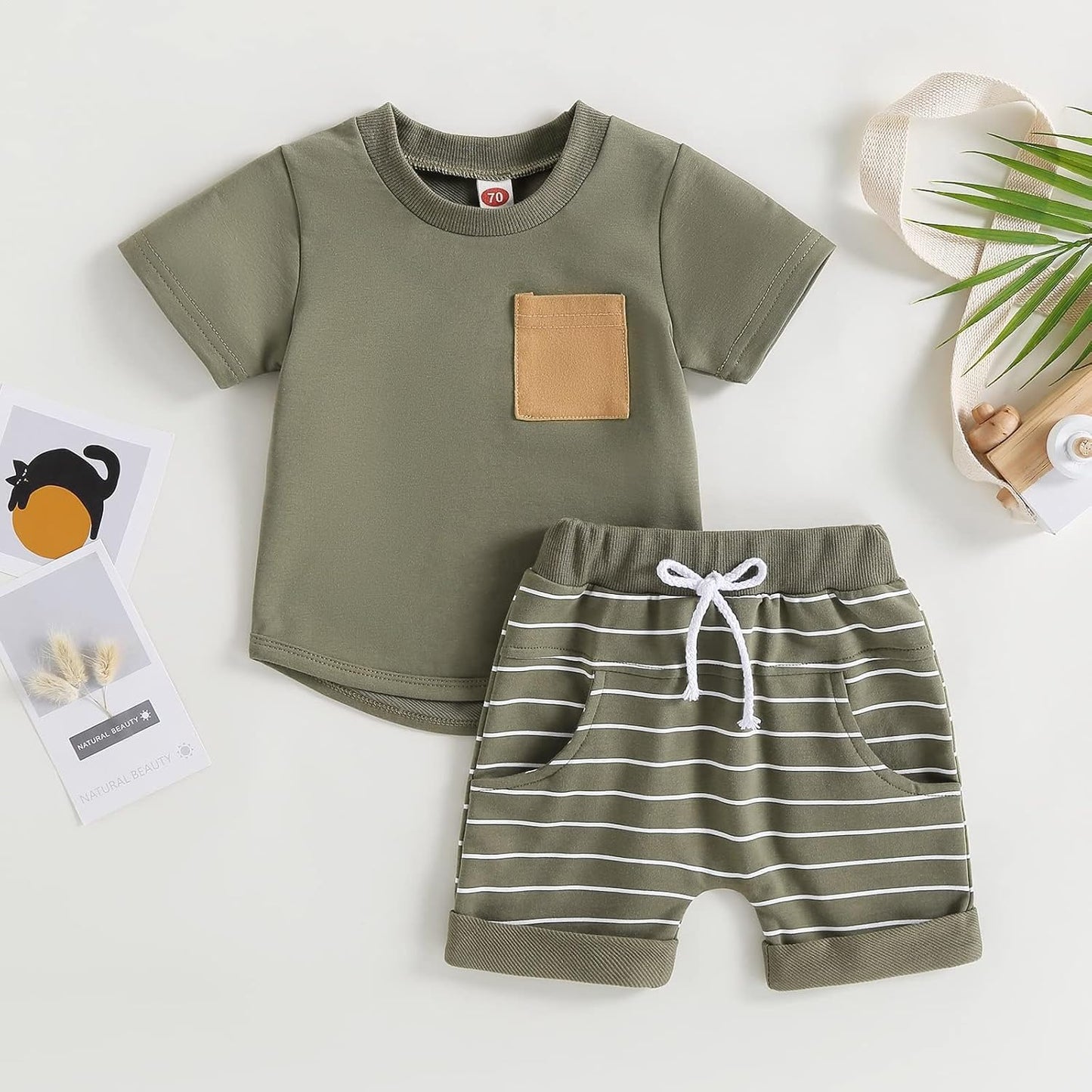 fhutpw Baby Toddler Boy Clothes Summer Outfits 6 12 18 24 Months Patchwork Short Sleeve T Shirt & Shorts Sets with Pockets