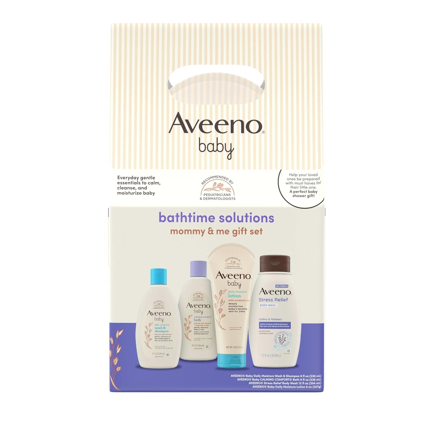 Aveeno Baby Bathtime Solutions Mommy & Me Gift Set, Baby Wash & Shampoo, Calming Bath, Daily Moisturizing Lotion & Stress Relief Body Wash for Mom, Nourishing Oat, Registry Must Haves, 4 items