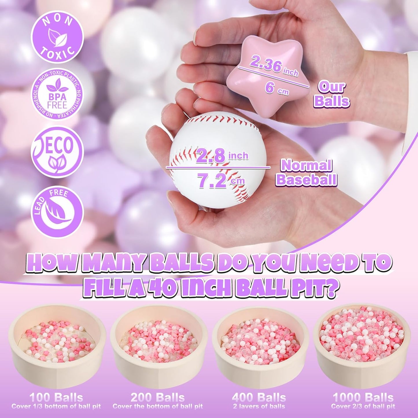 GOGOSO Balls for Ball Pit - Plastic Ball for Toddlers 1-3, Baby Kids Ball Pool Decoration 50 100 200 300 500 1000 (A Purple+Pink+White+Clear, 50 Balls)