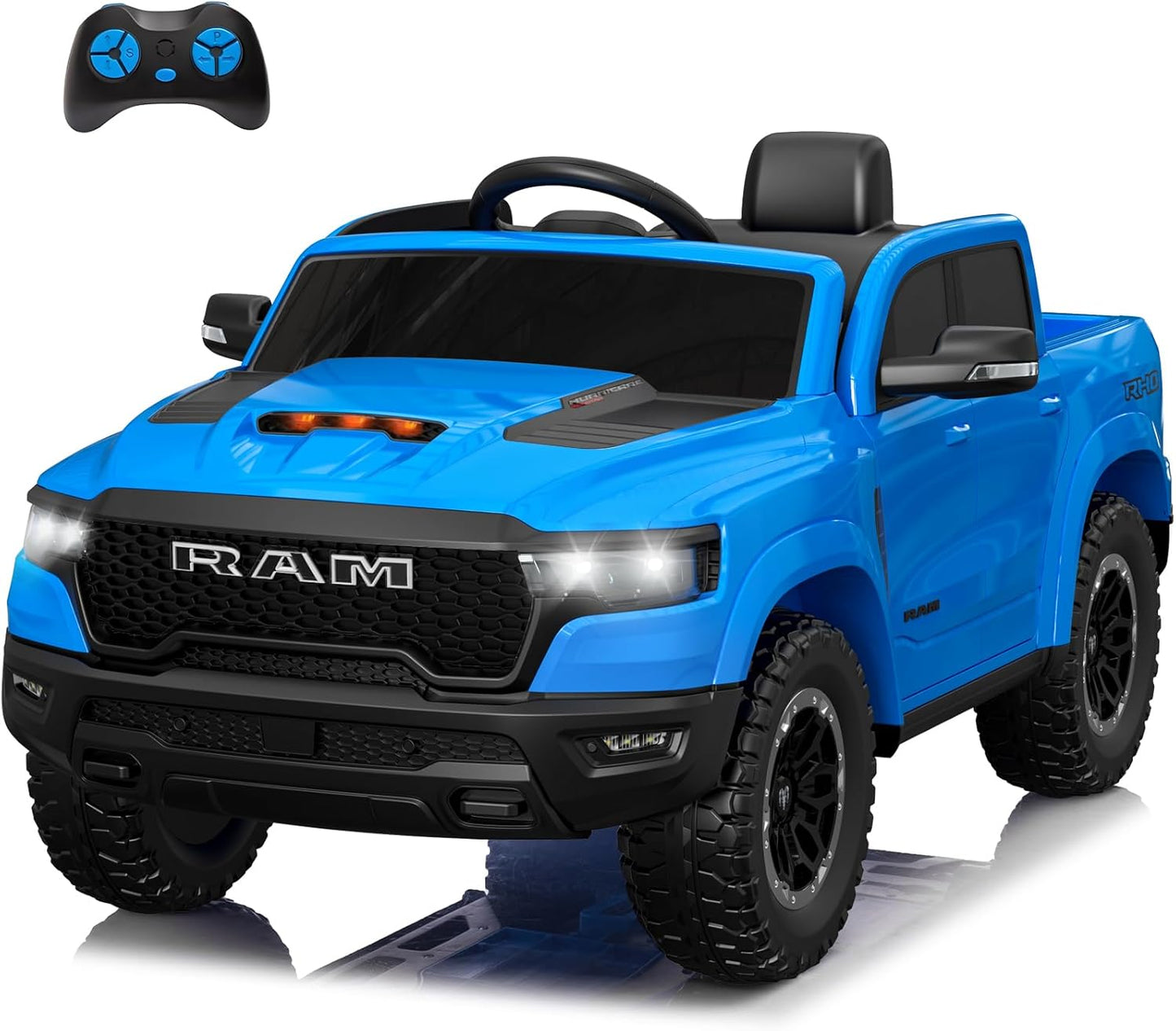 Licensed Ram 1500 Ride on Toys for Kids 4-8, Ride-on Electric Car for Kids with Remote Control, Battery Powered with Car Key/Gear Selector, LED Light/Music/MP3, Back Storage (Blue)