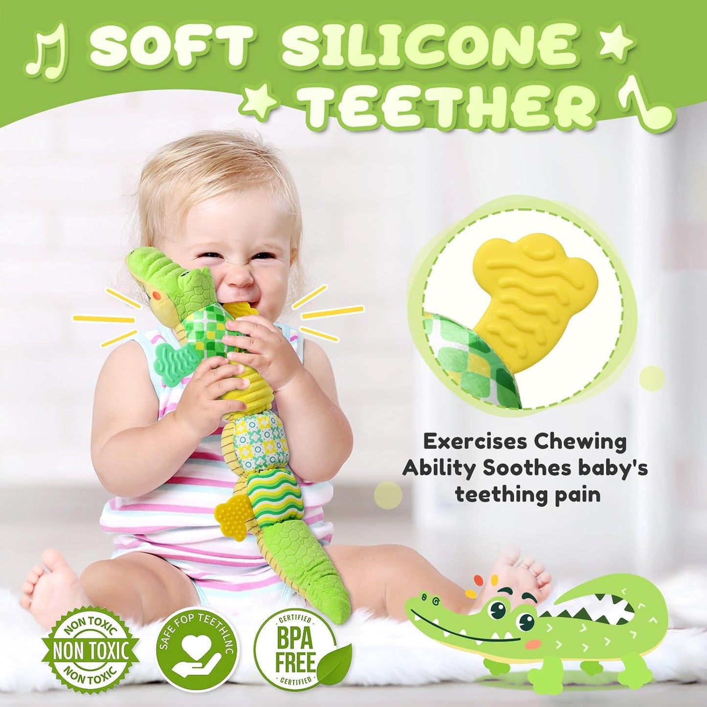 Baby Toys 0 to 12 Months, Musical Stuffed Animals Activity Soft Toy with Multi-Sensory Crinkle, Rattle and Textures, Infant Tummy Time Toys for Newborn Boys Girls, Crocodile, Green