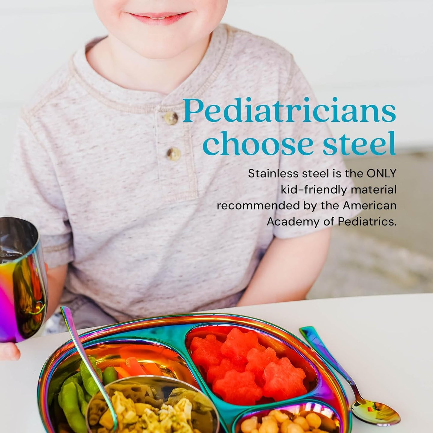 Ahimsa Stainless Steel Plates for Kids - Divided Plates for Toddlers, Pediatrician Designed, Non Toxic Toddler Plate, BPA Free & Dishwasher Safe (Rainbow Set of 4)