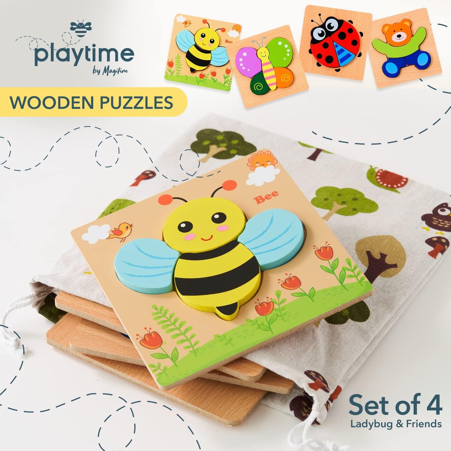 MAGIFIRE Toddler Wooden Puzzle Set - 4-Pack 5.7 x 5.7 Inch Multicolor Wood - Chunky Pieces for Small Hands & Portable Storage Bag - Toddler Puzzles Ages 3-5