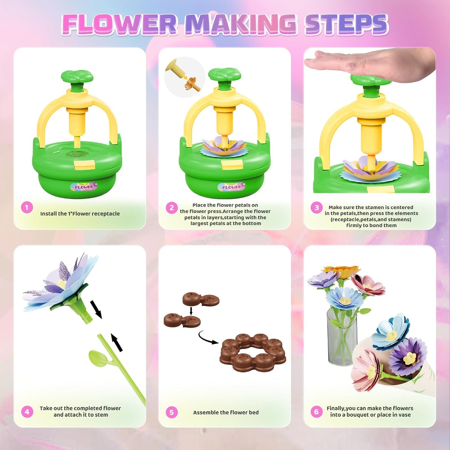 Plunack Flower Bouquets Toys for Kids Age 4-8, Flower Press Kit DIY Flowers Making Craft Kit for 4 5 6 7 Year Old Girls Arts & Crafts Toys Educational Handmade Activity Set, Birthday Gift for Girls 3+