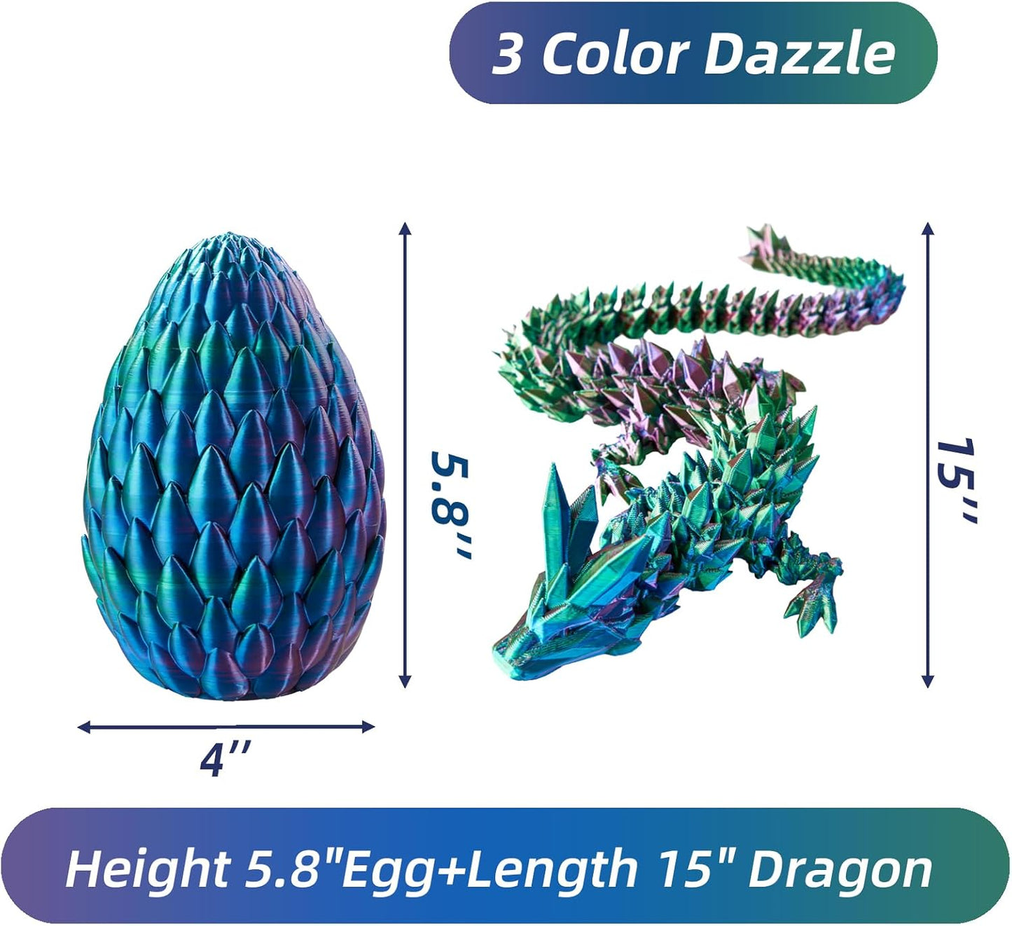 Dragon Egg,15in Crystal Dragon,Surprise Egg,Articulated Dragon,3D Printed Gift Toy,Fidget Toys for Autism/ADHD, Executive Desk Toys,Home Office Decor (3 Color Dazzle)