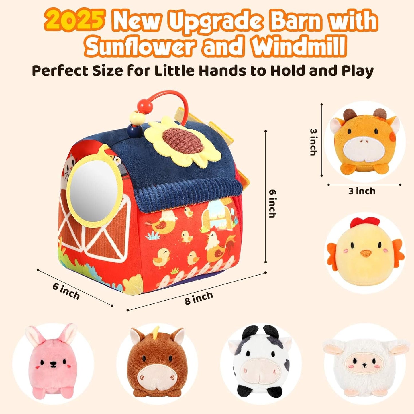 Baby Toys 6-12 Months - Soft Barn Toy with Stuffed Farm Animals, Rattle, Crinkle Paper, Squeaker, Mirror - Sensory Toys for 6+ Month Developmental, Montessori Toys for 1 Year Old Boy Girl Gift