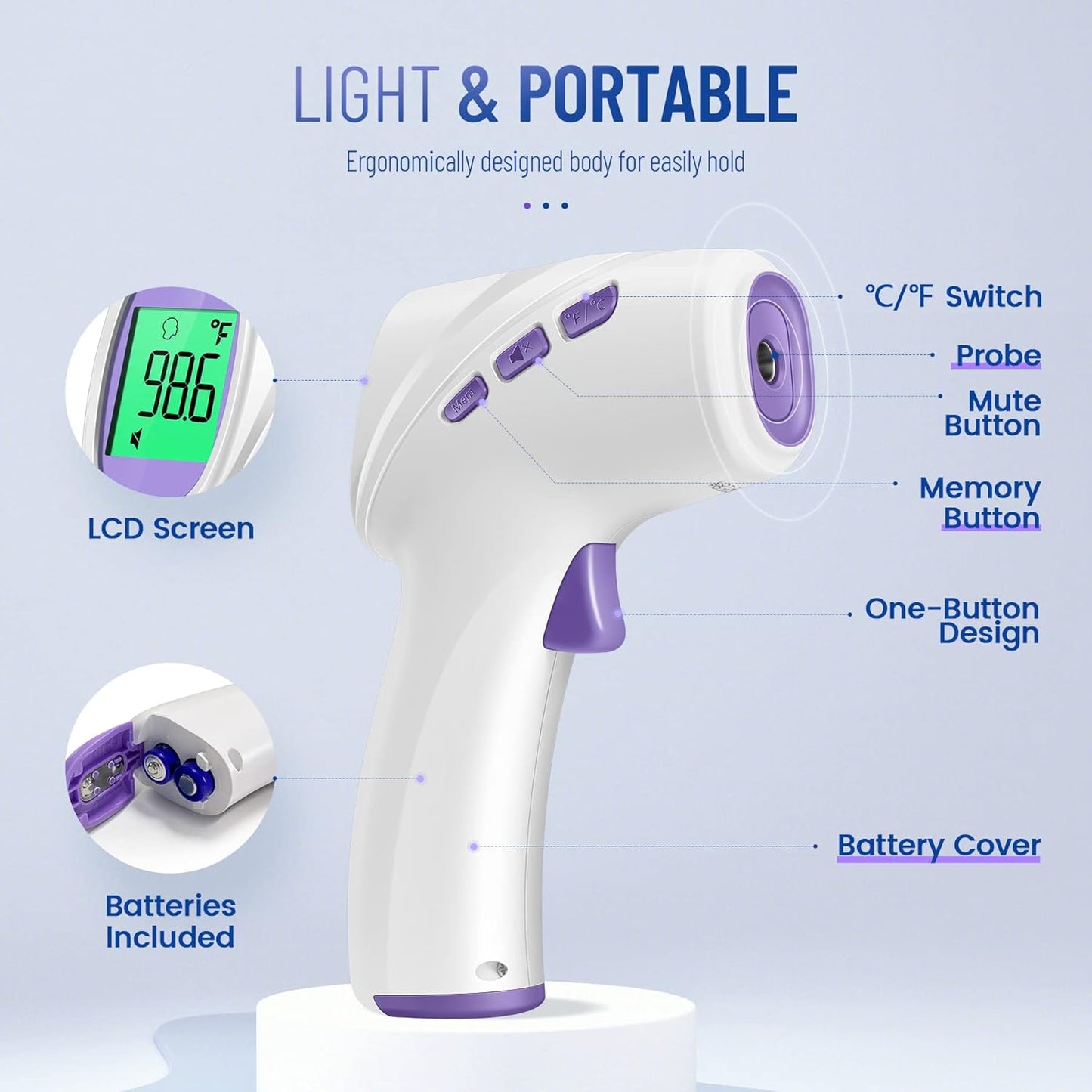 No-Touch Thermometer for Adults and Kids, Digital Thermometer with Fever Alarm, Fast Accurate Results, Easy for All Ages, FSA Eligible (Purple)