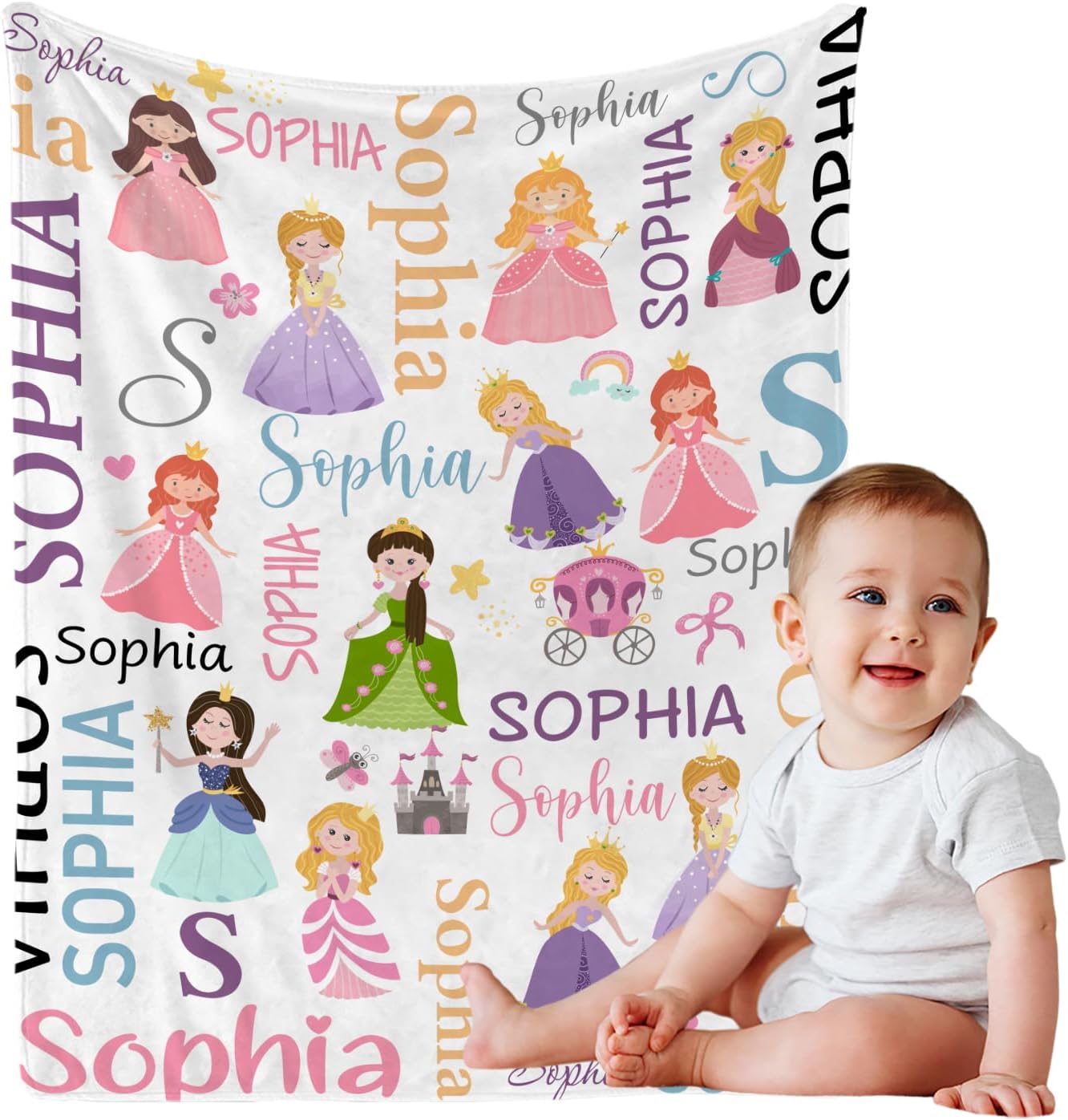 Personalized Baby Blanket with Name, Custom Pincess Name Blanket Toddler Girls Soft Flannne Swaddling Blankets Customized Monogram Memorial Gift from Nana for Infant Newborn Shower