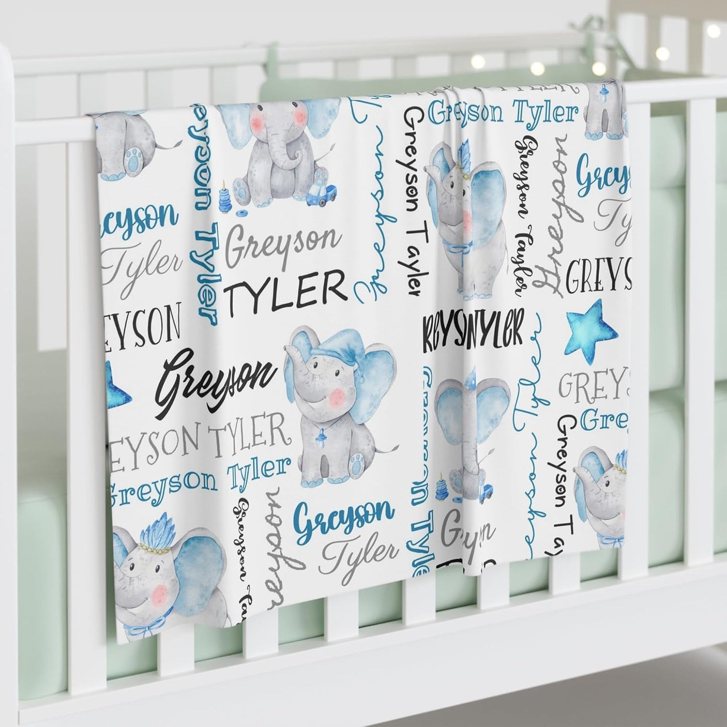 Personalized Elephant Swaddle Blanket with Name - Custom Baby Blanket for Boys & Toddlers - Kids & Newborn