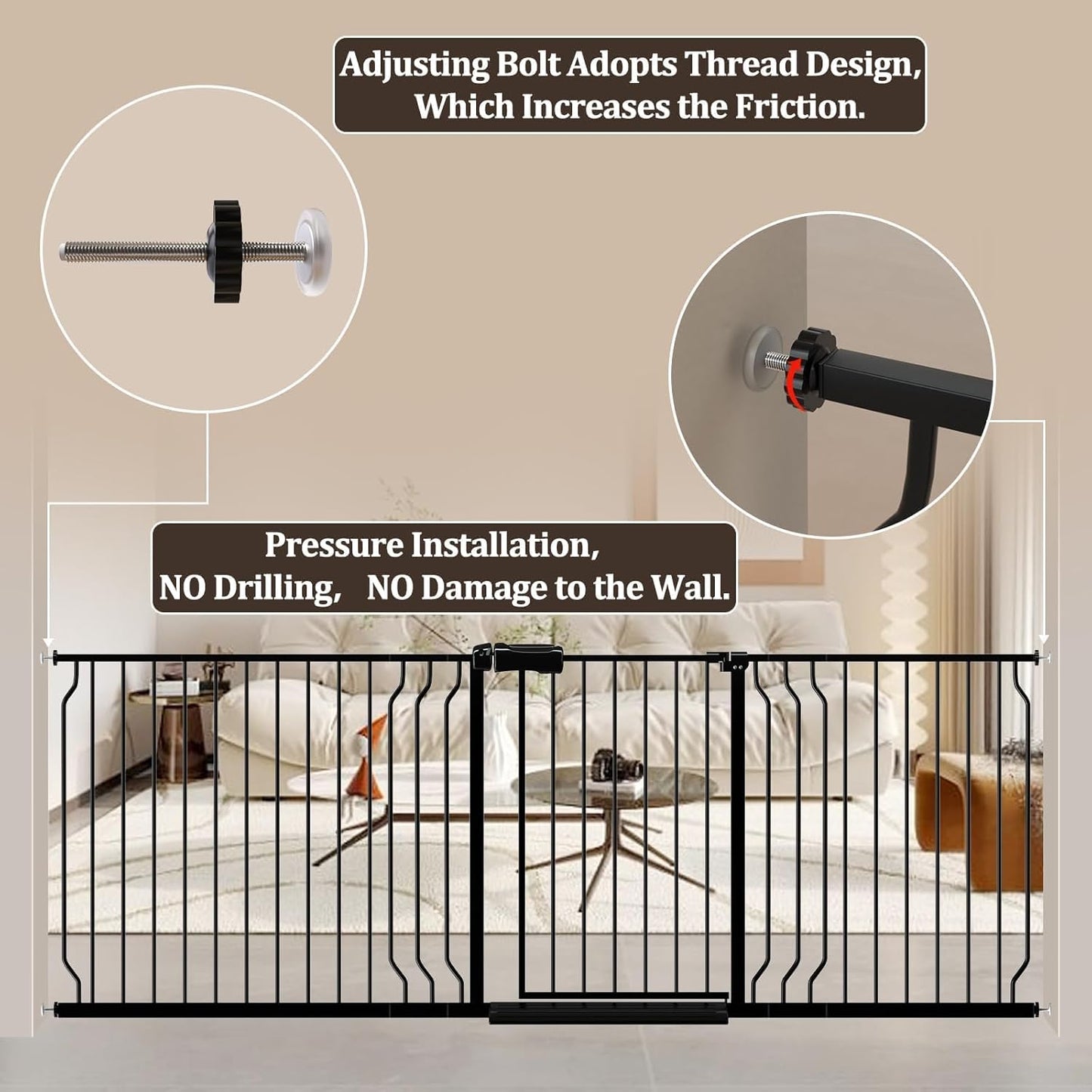 WAOWAO Baby Gate 52.76-62.2" Extra Wide Pressure Mounted Walk Through Swing Auto Close Safety Black Metal Toddler Kids Child Dog Pet Puppy for Stairs,Doorways,Kitchen