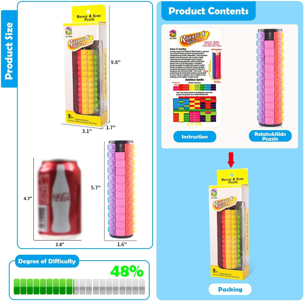 R.Y.TOYS Rotate and Slide Puzzle-Design Patent,Fidget Toys(Restore/Create) 8 Colors,12 Layers-Detach Piece for Quick Play,Brain Teaser,Sensory Toys,Stocking Stuffers,Easter Basket Stuffers Essentials
