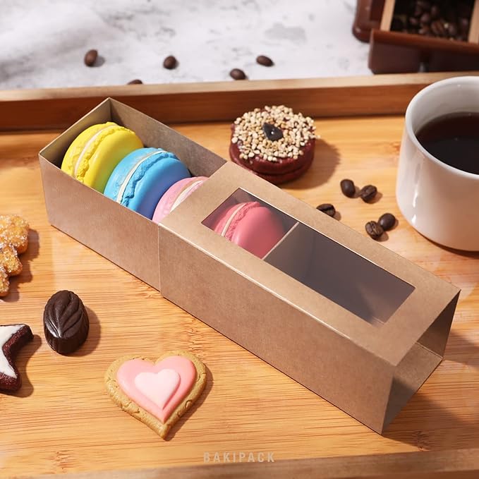 BAKIPACK 30 Kraft Macaron Gift Boxes, Macarons Box with Clear Window (4.8" x 1.9" x 1.9") - Valentine's Day