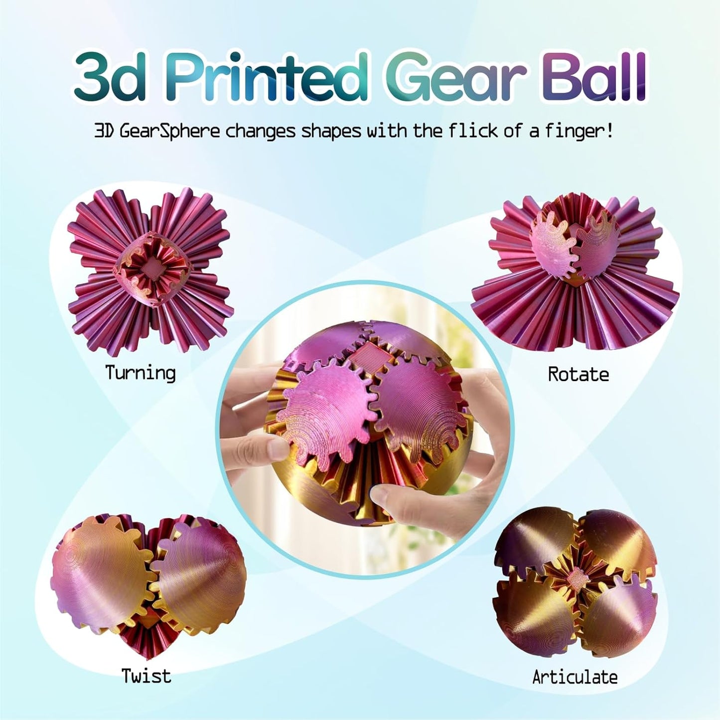 Gear Ball - GearSphere Fidget Toy, 3D Printed Gear Ball Spin Ball Cube Desk Toy, 2024 Gear Sphere Cube Puzzlefor Adults Kids, Stress and Anxiety Relaxing Fidget Toy (Red-Gold-Purple)