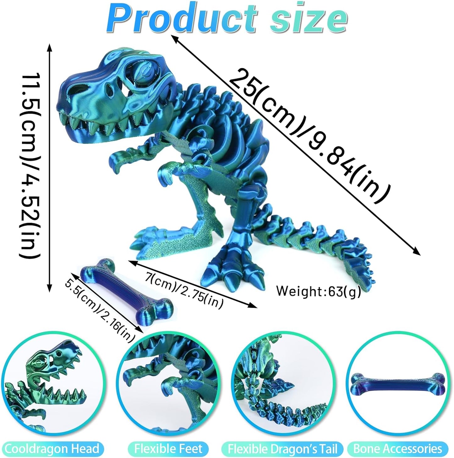 3D Printed Dinosaur Bones Tyrannosaurus Rex Skeleton with Movable Joints, 3D Model Skull T-Rex, Flexible Articulated Dinosaur Fidget Toys Adults for Autism/ADHD