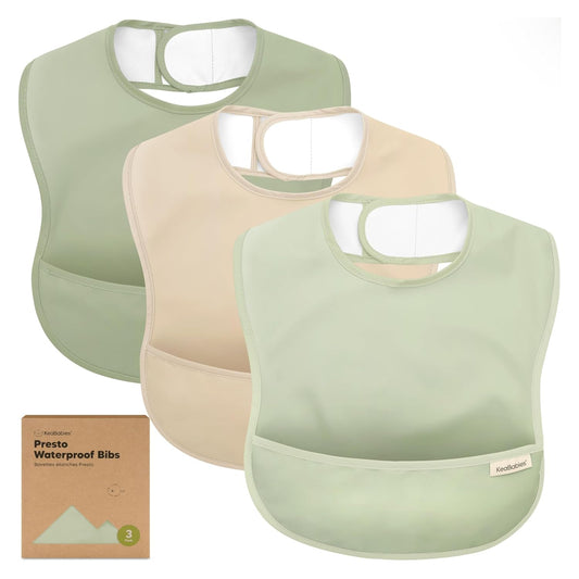 3-Pack Waterproof Baby Bibs for Eating - Lightweight Toddler Feeding Bibs with Large Food Catcher, Mess Proof, Food-Grade Baby Eating Essentials, Easy to Put On & Clean (Jade)