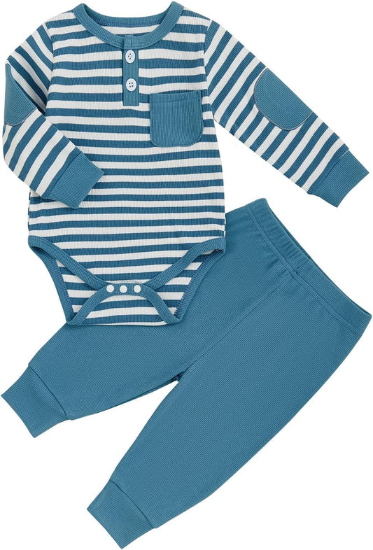 fhutpw Baby Boy Clothes 3 6 12 18 Months Ribbed Knitted Long Sleeve Romper and Pants Sets Newborn Fall Splicing Color Outfits
