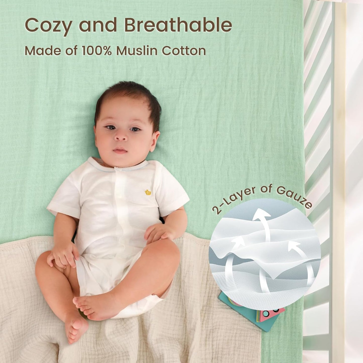 david's kids Muslin Crib Sheets for Boys Girls, 2 Pack 100% Cotton Soft Breathable Fitted Baby Sheet Set, 28x52 Inch Fits Standard Crib and Toddler Mattresses, Beige & Green