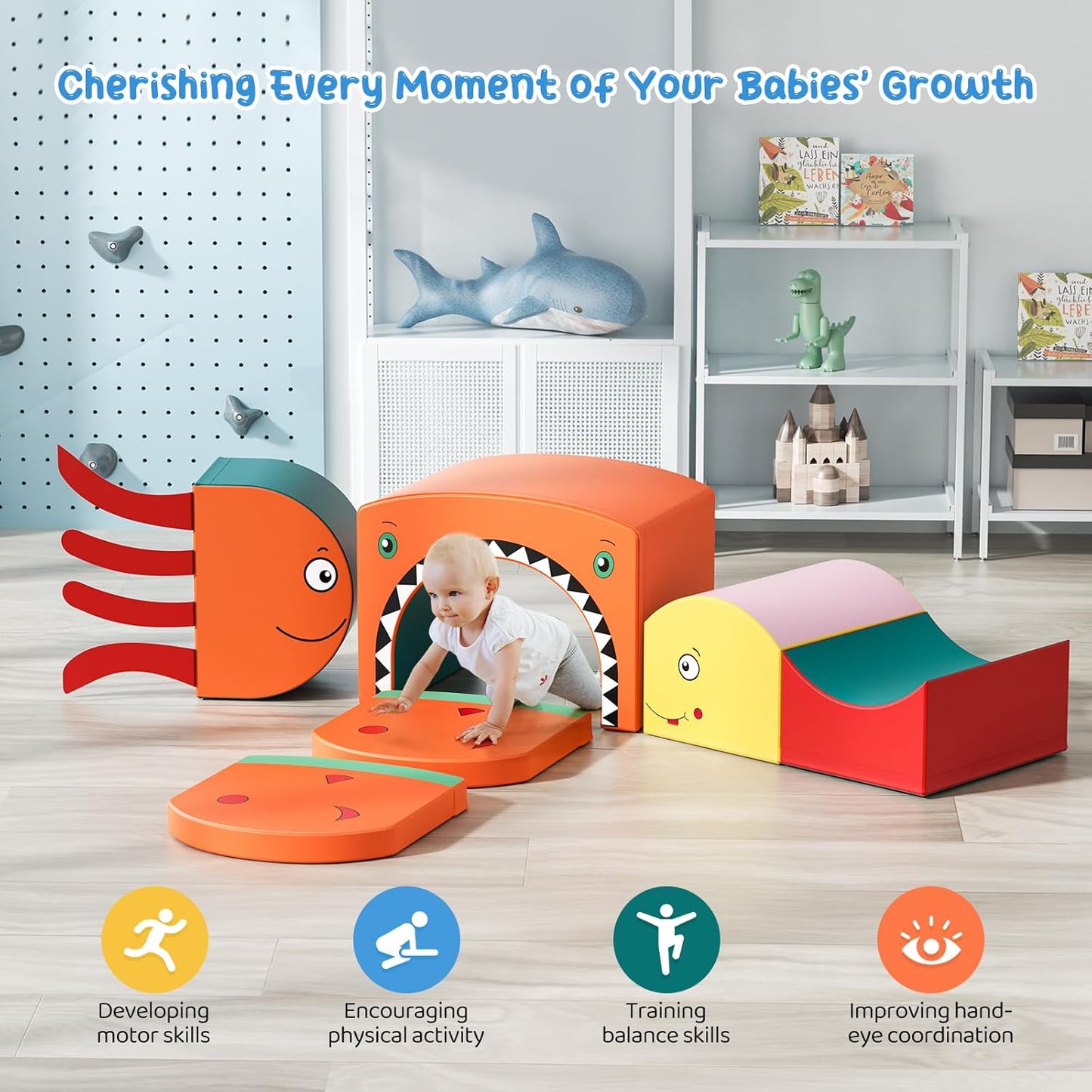 Lischwert Foam Climbing Blocks for Toddlers, Shark Theme Baby Climbing Blocks Soft Play Climbing for Toddlers with Foldable Block and Tunnel Indoor Climbing Toys for Toddler 1-3, 6 Pieces